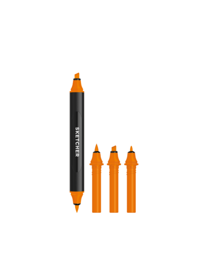 Photo of marker with two orange tips and three interchangeable cartridges