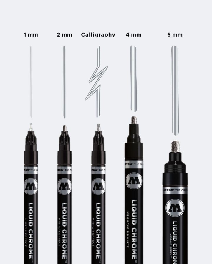 Liquid Chrome Marker in Detailansicht mit Strichstärken